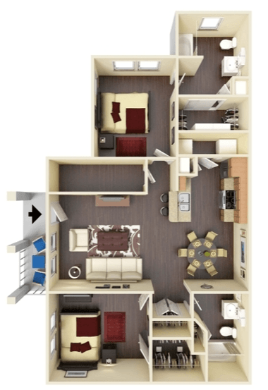 a 3d drawing of a apartment floor plan with a bedroom and living room
